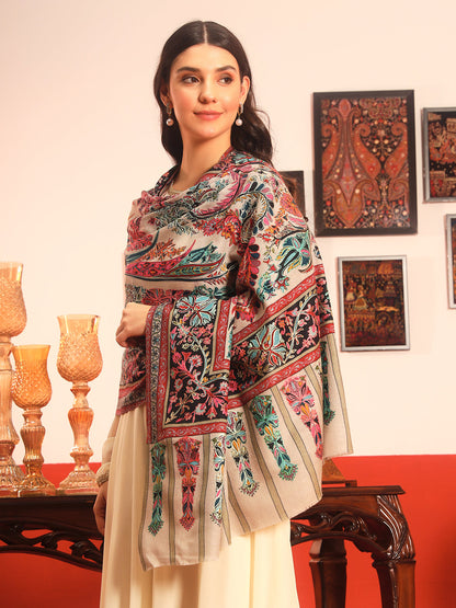 Pashmoda Women Rangkalam  100% Pure Wool Fabric Kalamkari Embroidered Shawl (Size: 101x203 CM)
