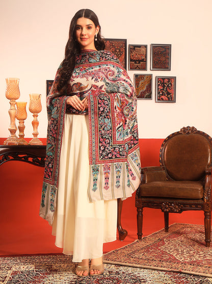 Pashmoda Women Rangkalam  100% Pure Wool Fabric Kalamkari Embroidered Shawl (Size: 101x203 CM)