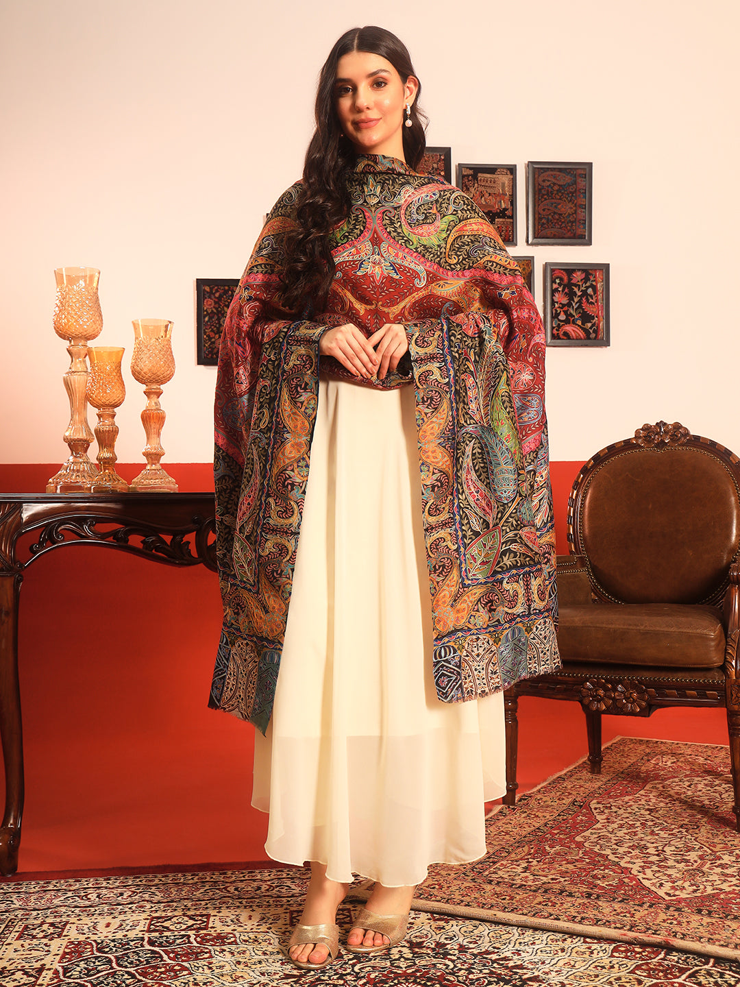 Pashmoda Women Daastaan Fabric Kalamkari Embroidered Shawl (Size: 101x203 CM)
