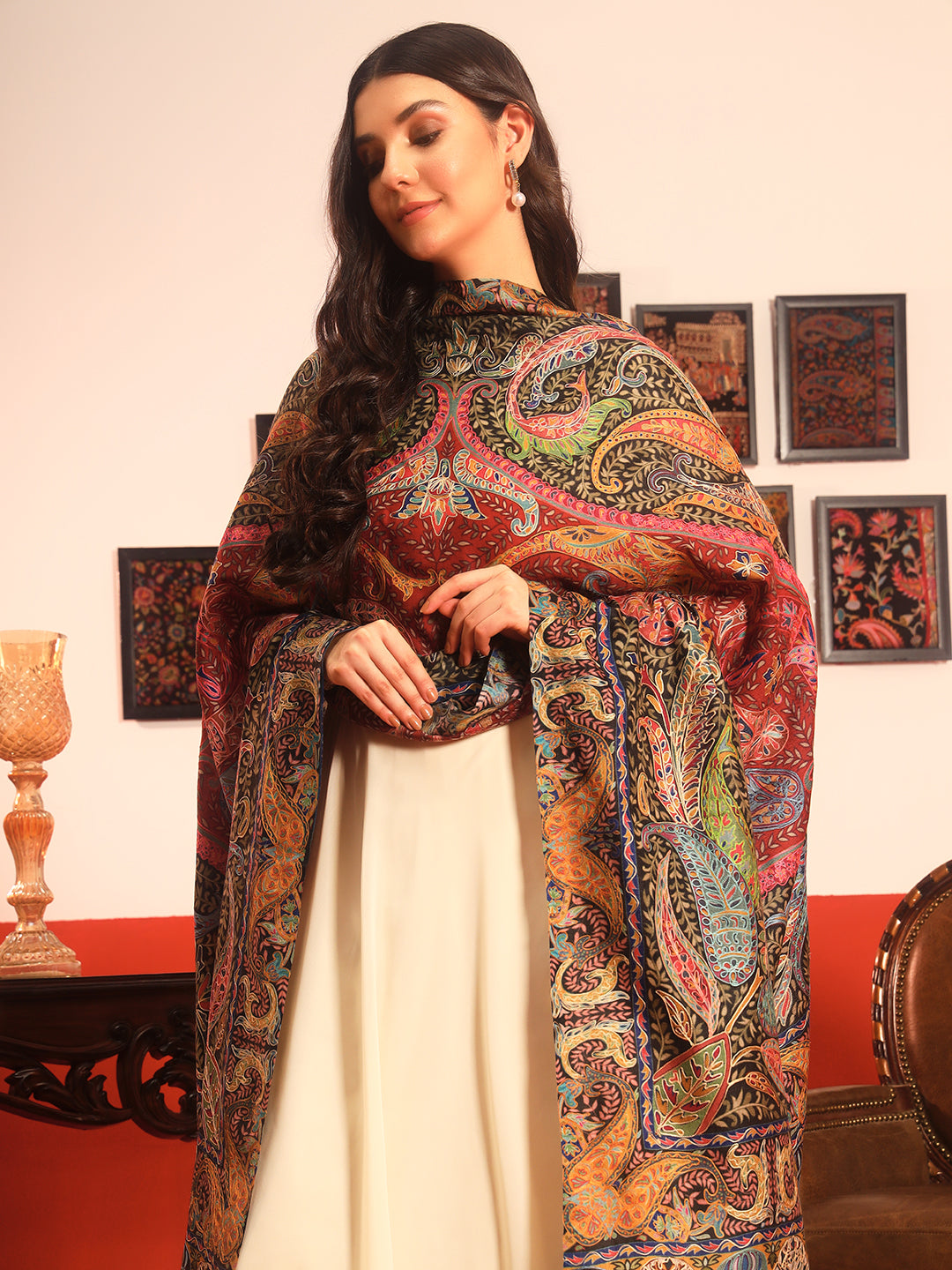 Pashmoda Women Daastaan Fabric Kalamkari Embroidered Shawl (Size: 101x203 CM)