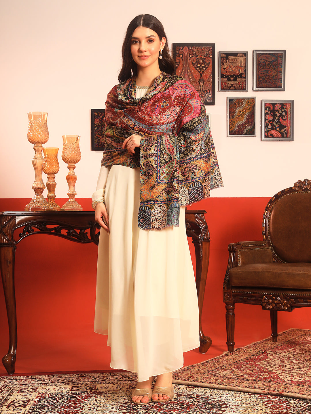 Pashmoda Women Daastaan Fabric Kalamkari Embroidered Shawl (Size: 101x203 CM)