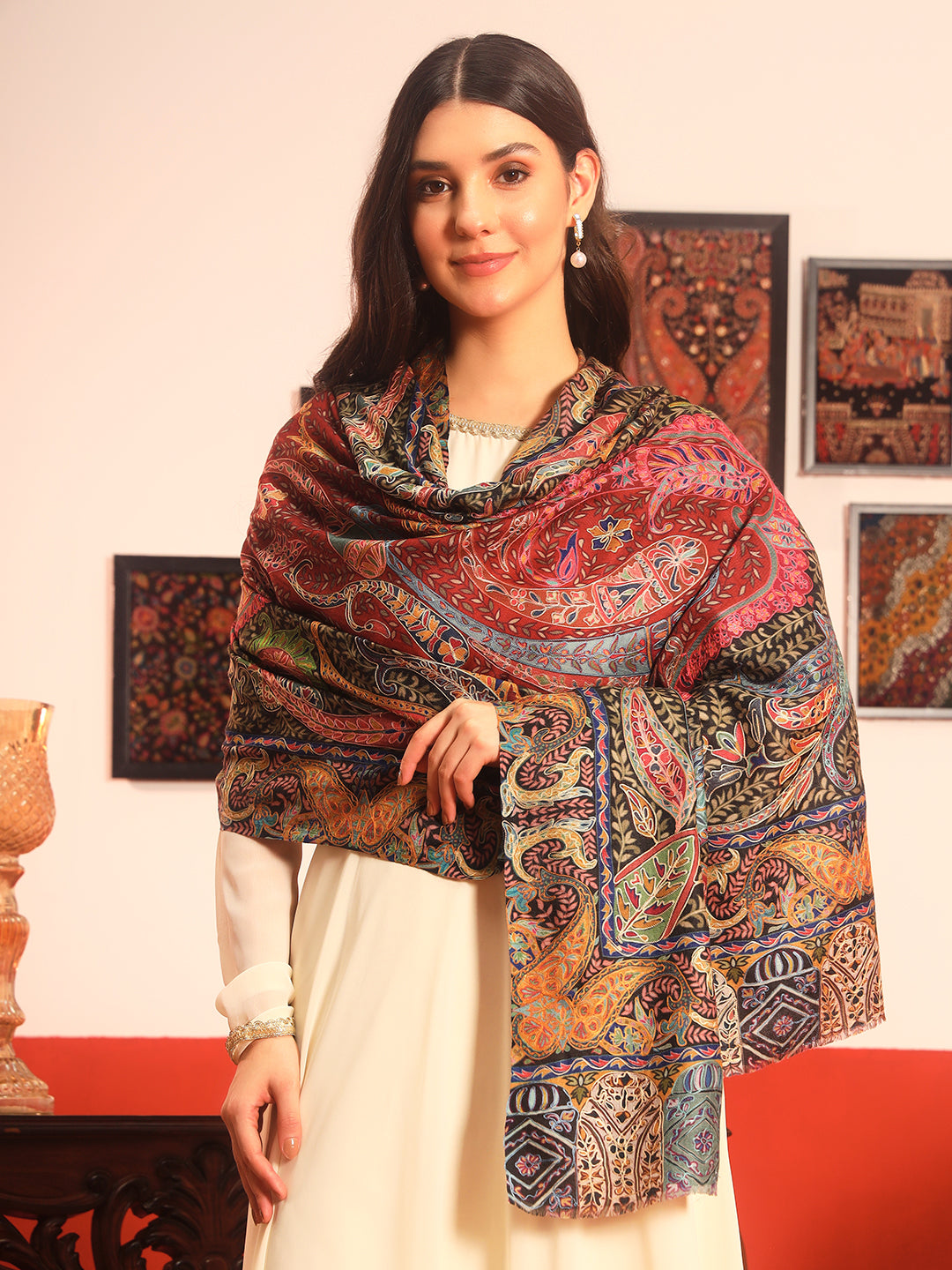 Pashmoda Women Daastaan Fabric Kalamkari Embroidered Shawl (Size: 101x203 CM)