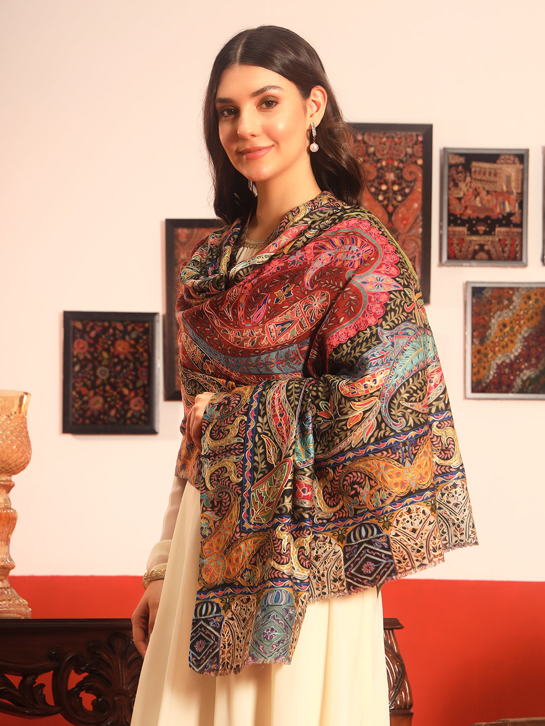 Pashmoda Women Daastaan Fabric Kalamkari Embroidered Shawl (Size: 101x203 CM)