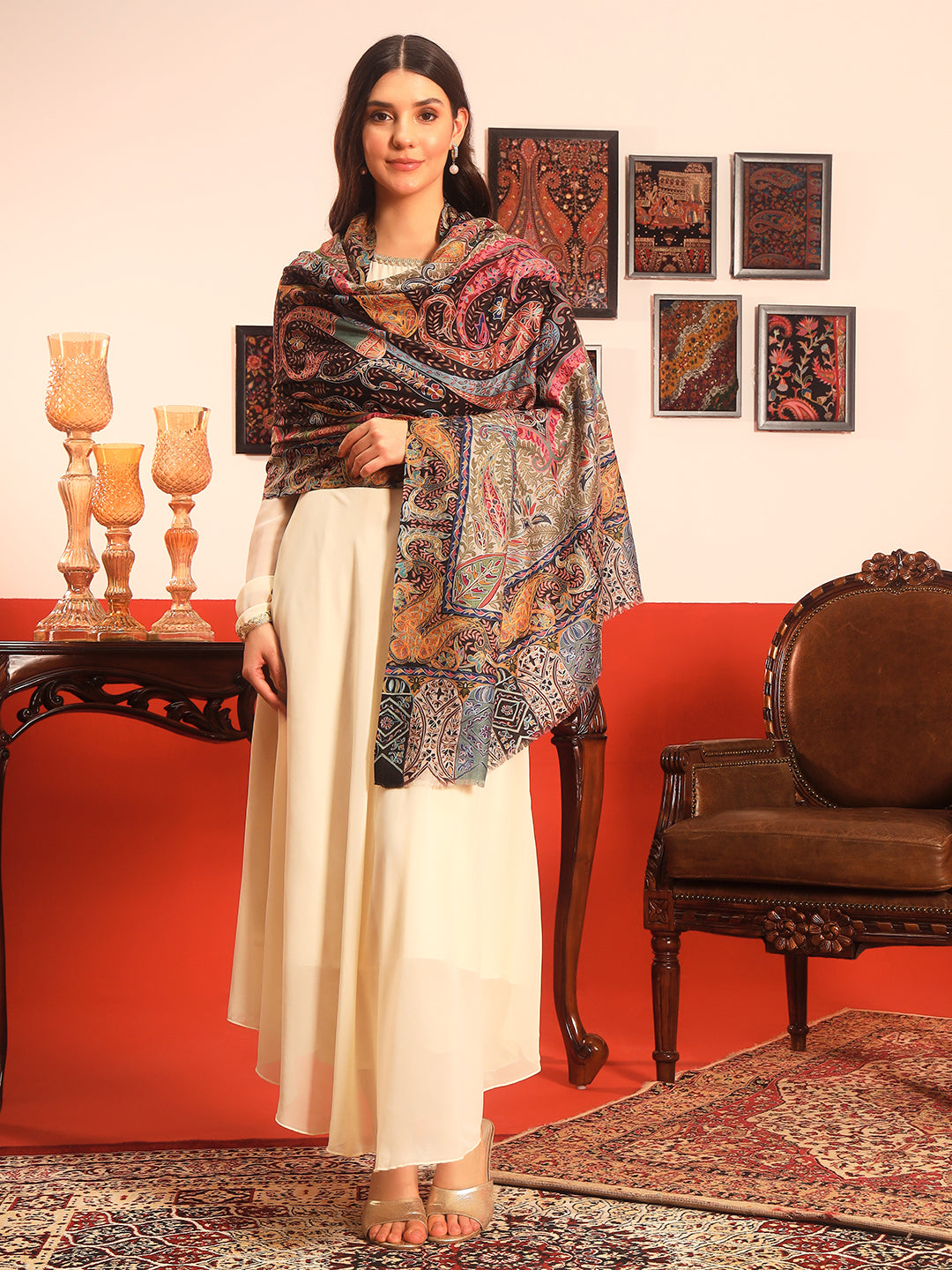 Pashmoda Women Rangmehal  Fabric Kalamkari Embroidered Shawl (Size: 101x203 CM)