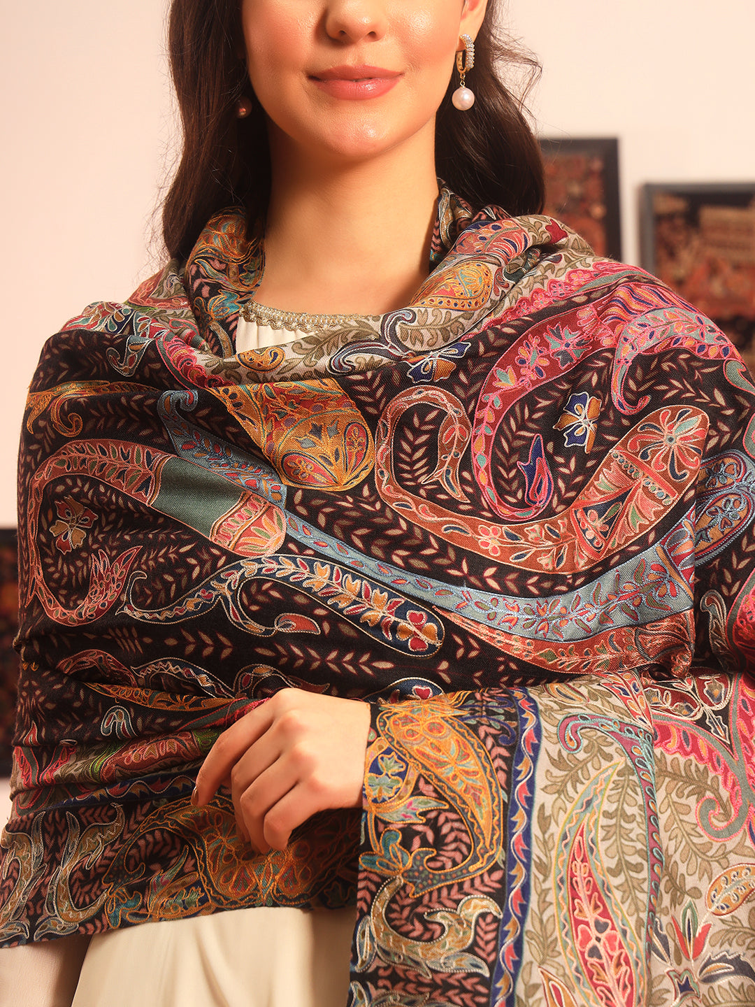 Pashmoda Women Rangmehal  Fabric Kalamkari Embroidered Shawl (Size: 101x203 CM)