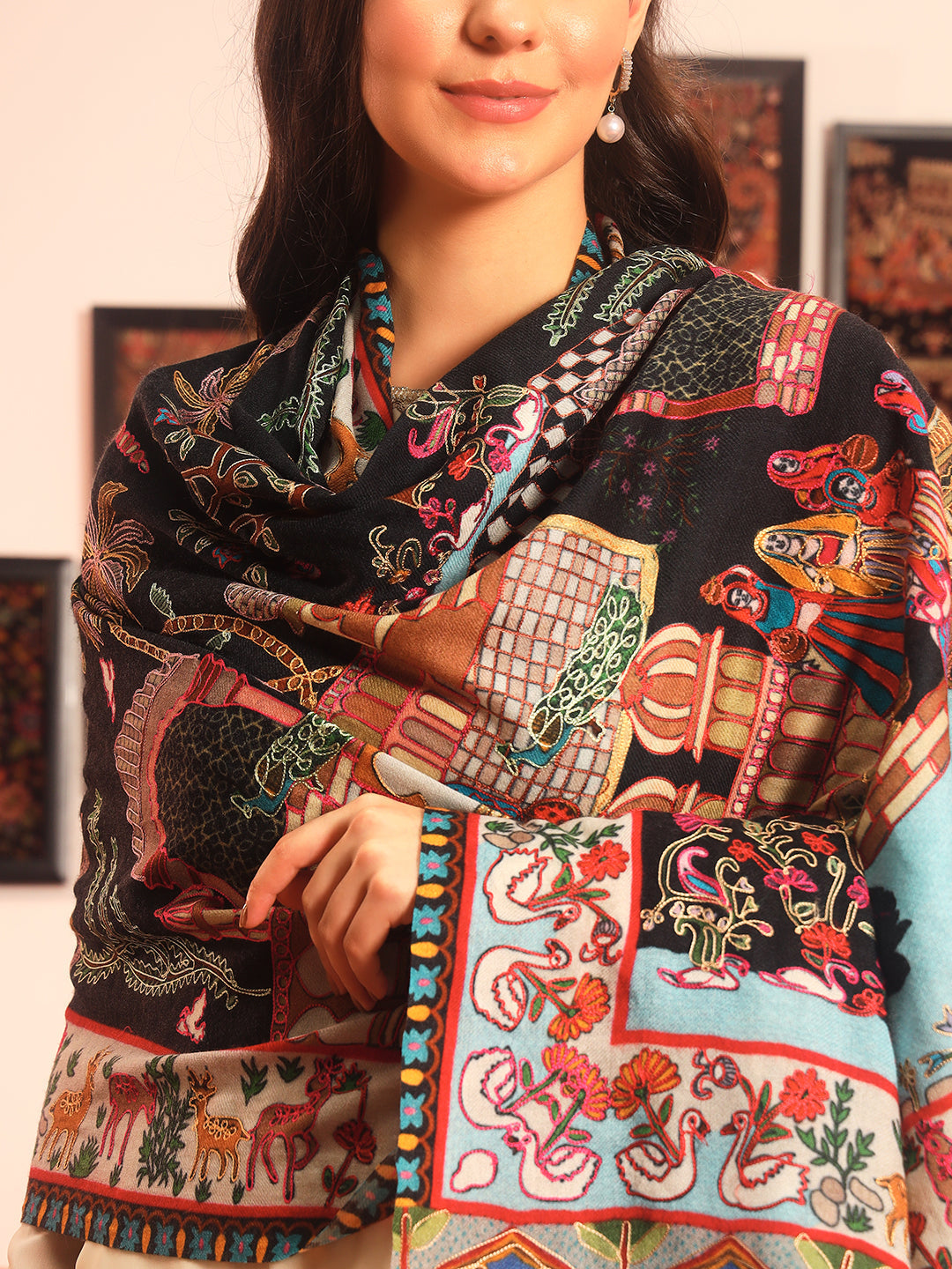 Pashmoda Women Mughal Bagh 100% Pure Wool Fabric Kalamkari Embroidered Shawl (Size: 101x203cm)