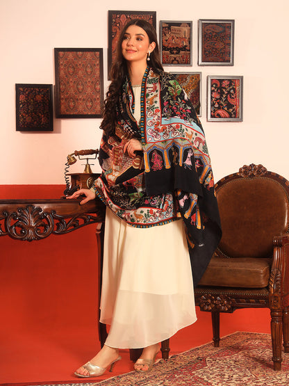 Pashmoda Women Mughal Bagh 100% Pure Wool Fabric Kalamkari Embroidered Shawl (Size: 101x203cm)