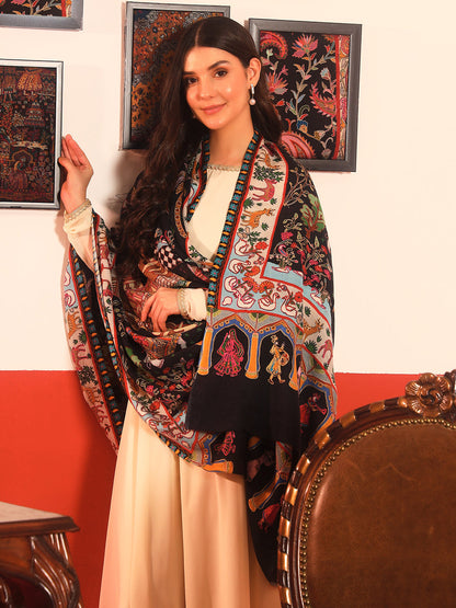 Pashmoda Women Mughal Bagh 100% Pure Wool Fabric Kalamkari Embroidered Shawl (Size: 101x203cm)