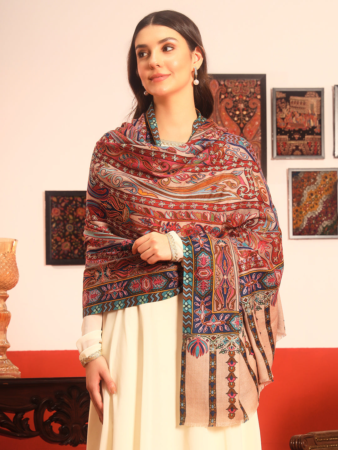 Pashmoda Women Rangrez Rangkalam  100% Pure Wool Fabric Kalamkari Embroidered Shawl (Size:101x203 cm)
