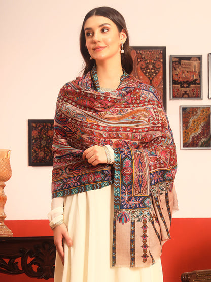 Pashmoda Women Rangrez Rangkalam  100% Pure Wool Fabric Kalamkari Embroidered Shawl (Size:101x203 cm)