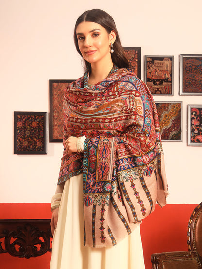 Pashmoda Women Rangrez Rangkalam  100% Pure Wool Fabric Kalamkari Embroidered Shawl (Size:101x203 cm)