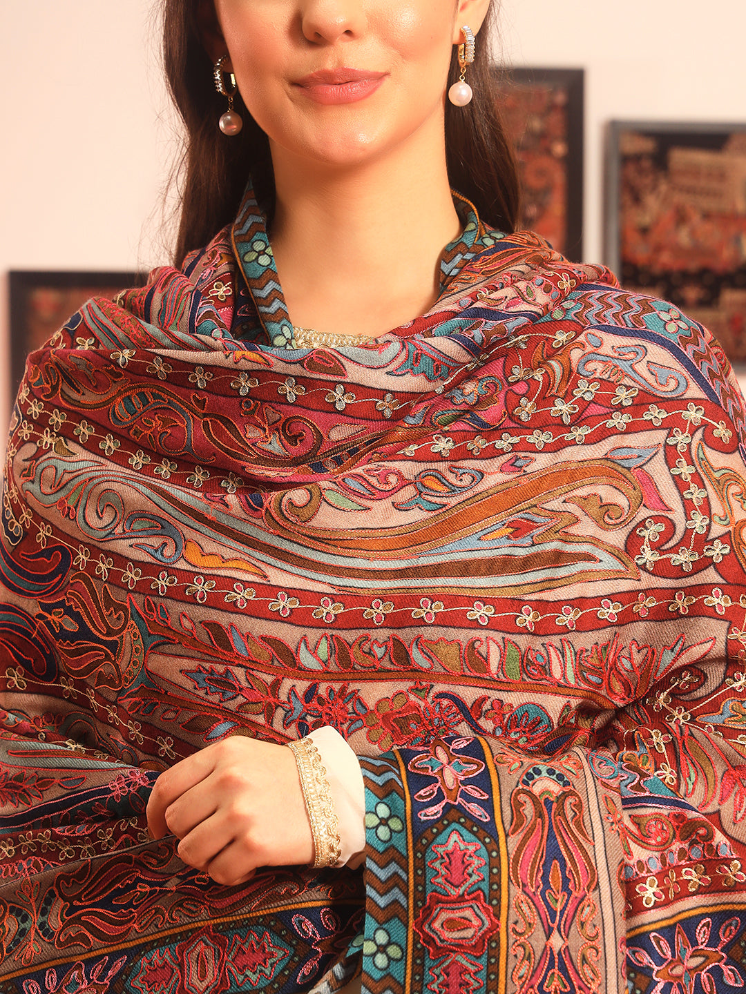 Pashmoda Women Rangrez Rangkalam  100% Pure Wool Fabric Kalamkari Embroidered Shawl (Size:101x203 cm)