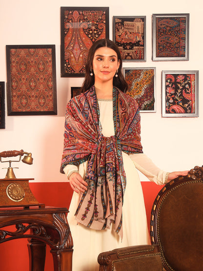 Pashmoda Women Rangrez Rangkalam  100% Pure Wool Fabric Kalamkari Embroidered Shawl (Size:101x203 cm)