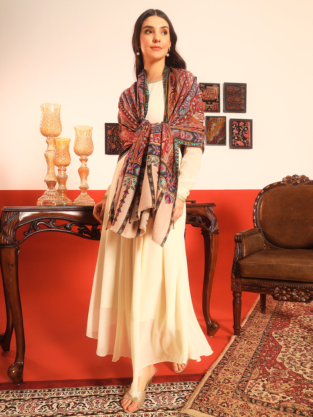 Pashmoda Women Rangrez Rangkalam  100% Pure Wool Fabric Kalamkari Embroidered Shawl (Size:101x203 cm)