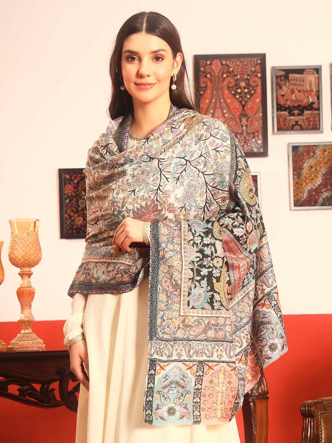 Pashmoda Women Guldasta Fabric Kalamkari Embroidered Shawl (Size: 101x203 CM)