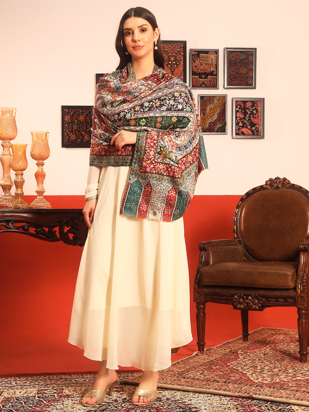 Pashmoda Women Naqshkaar Fabric Kalamkari Embroidered Shawl (Size: 101x203 CM)