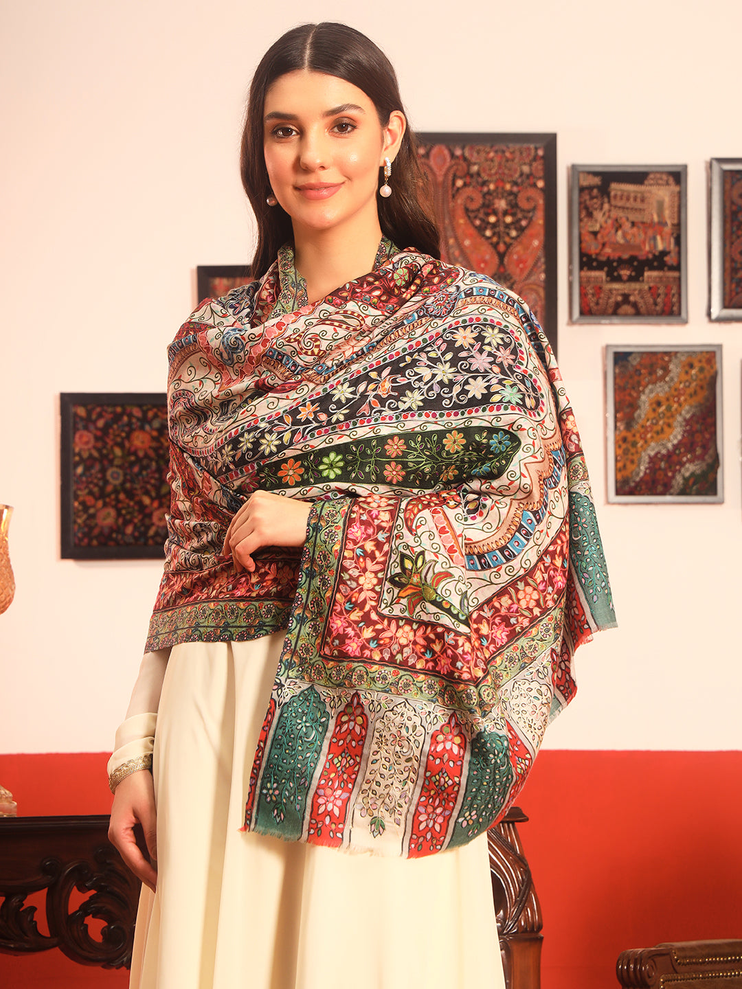 Pashmoda Women Naqshkaar Fabric Kalamkari Embroidered Shawl (Size: 101x203 CM)