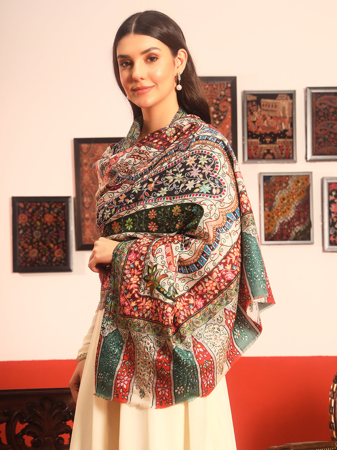Pashmoda Women Naqshkaar Fabric Kalamkari Embroidered Shawl (Size: 101x203 CM)