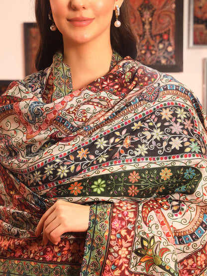 Pashmoda Women Naqshkaar Fabric Kalamkari Embroidered Shawl (Size: 101x203 CM)