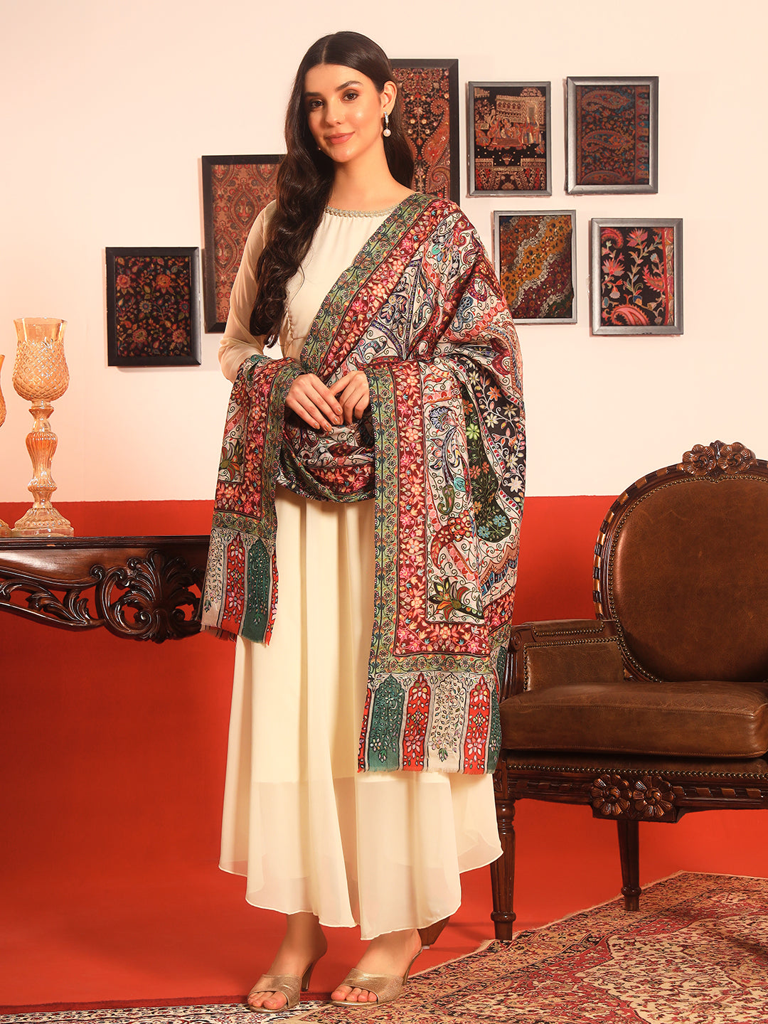 Pashmoda Women Naqshkaar Fabric Kalamkari Embroidered Shawl (Size: 101x203 CM)