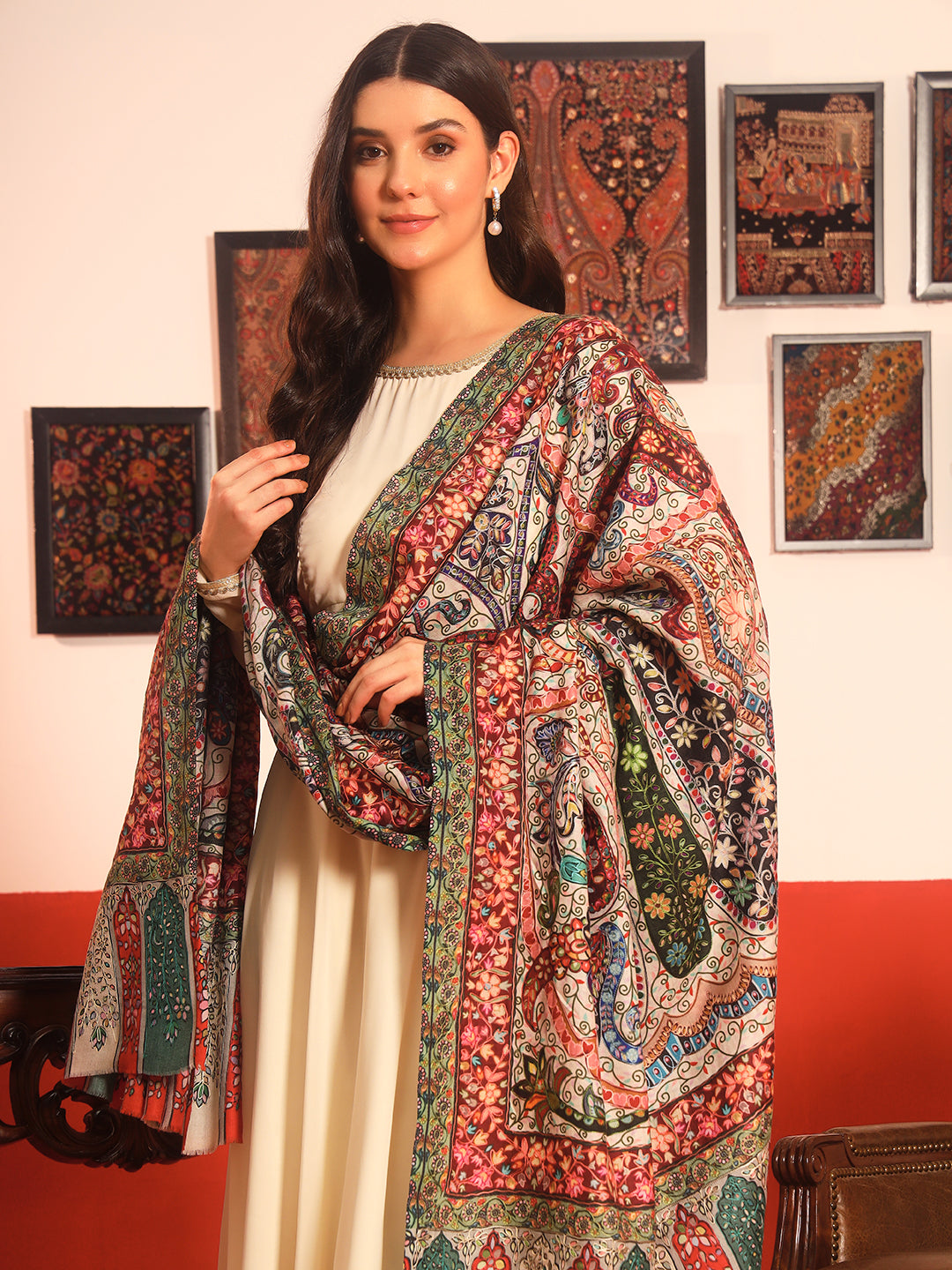 Pashmoda Women Naqshkaar Fabric Kalamkari Embroidered Shawl (Size: 101x203 CM)