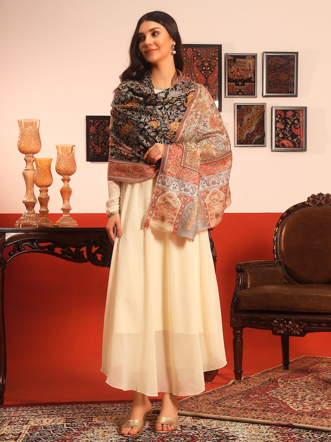 Pashmoda Women Guldasta Fabric Kalamkari Embroidered Shawl (Size: 101x203 CM)