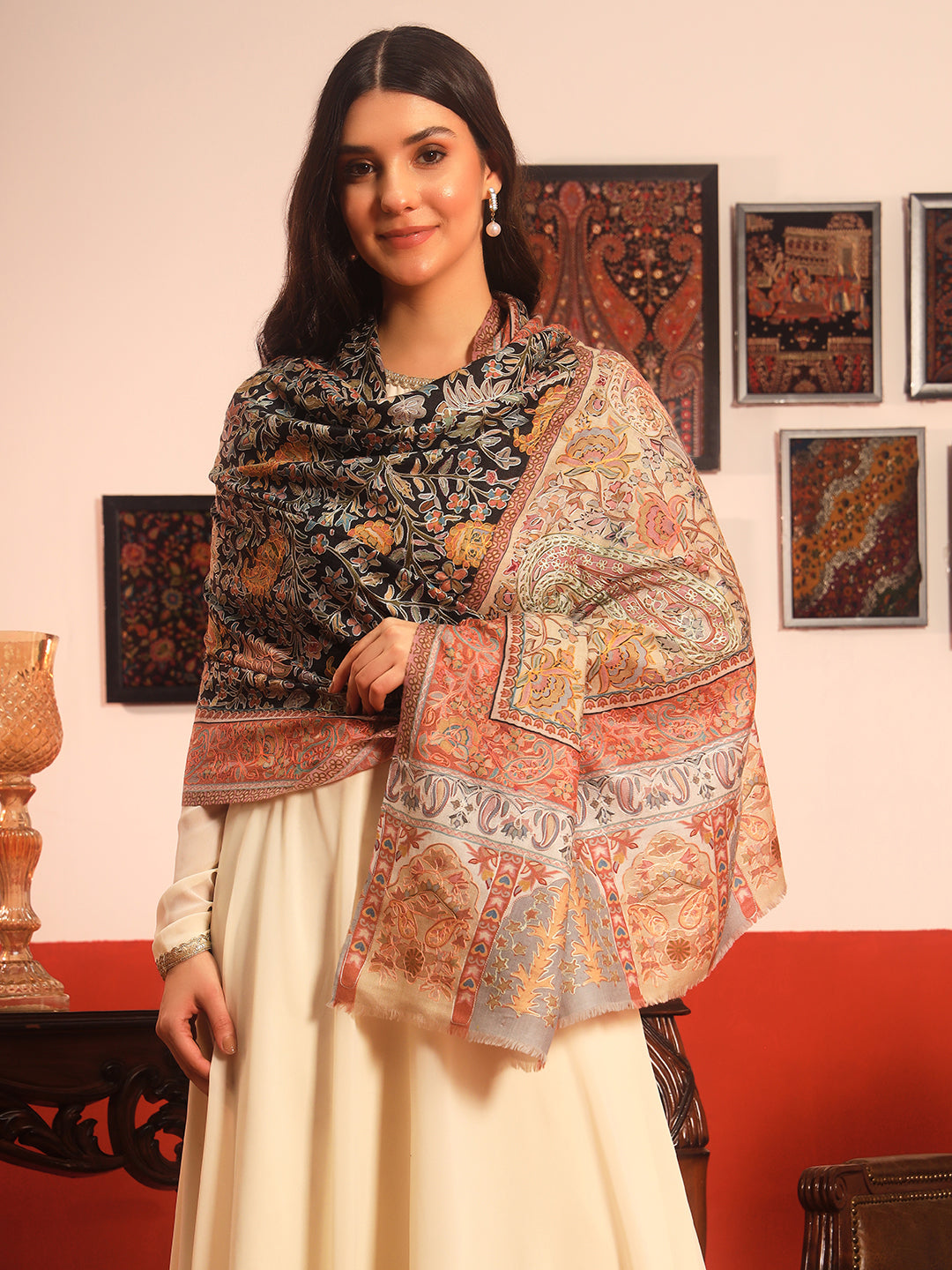 Pashmoda Women Guldasta Fabric Kalamkari Embroidered Shawl (Size: 101x203 CM)