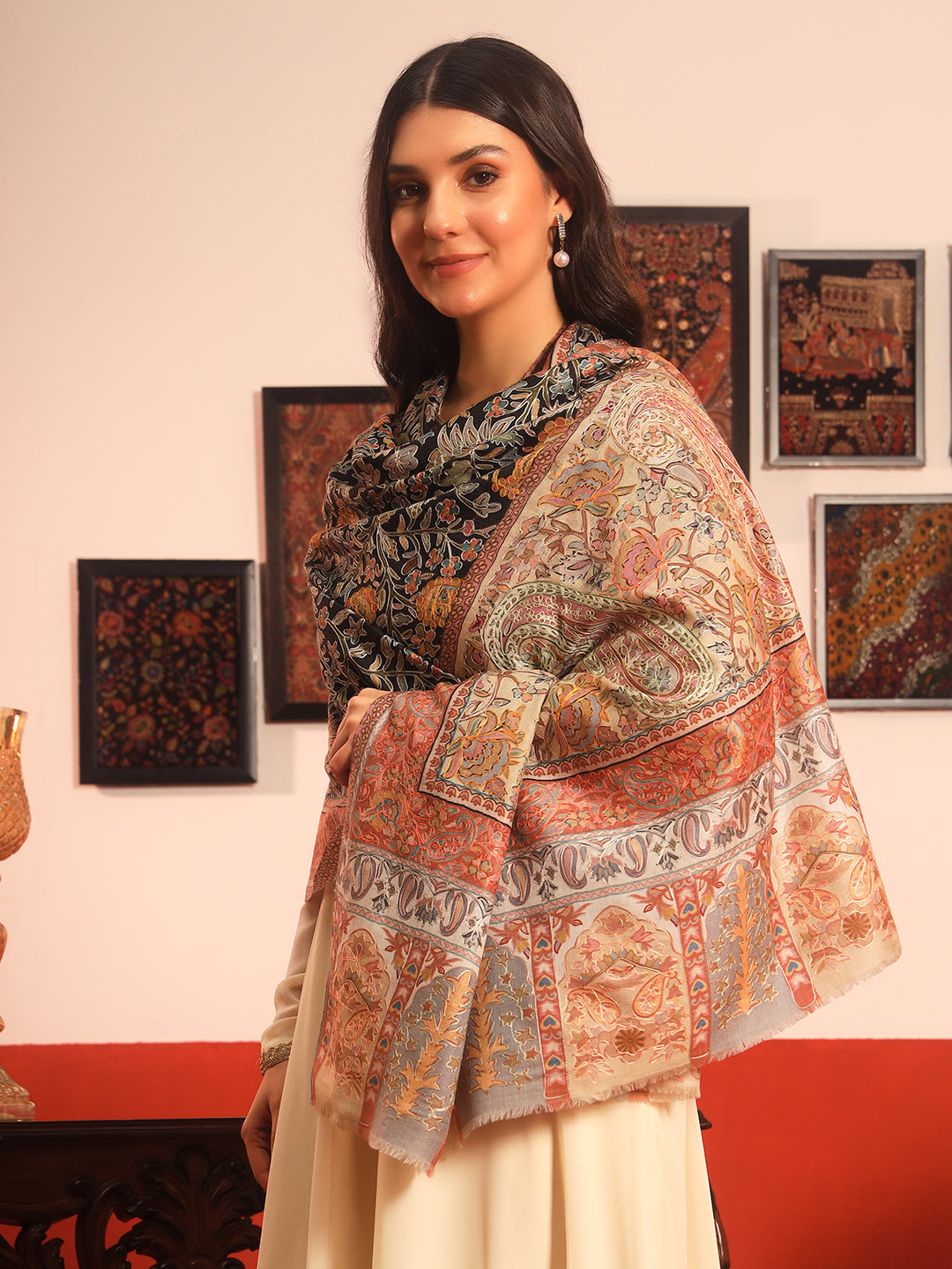 Pashmoda Women Guldasta Fabric Kalamkari Embroidered Shawl (Size: 101x203 CM)