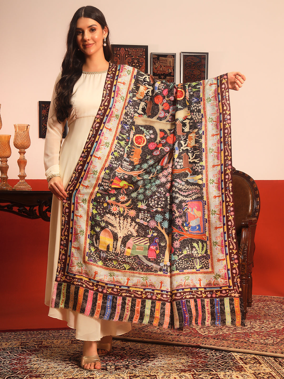 Pashmoda Women Naqshkaar Fabric  Kalamkari Embroidered Shawl (Size: 101x203 CM)