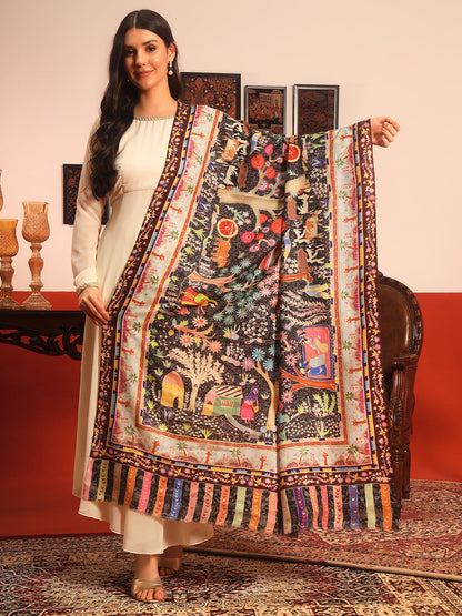 Pashmoda Women Naqshkaar Fabric  Kalamkari Embroidered Shawl (Size: 101x203 CM)