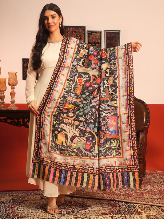 Pashmoda Women Naqshkaar Fabric  Kalamkari Embroidered Shawl (Size: 101x203 CM)