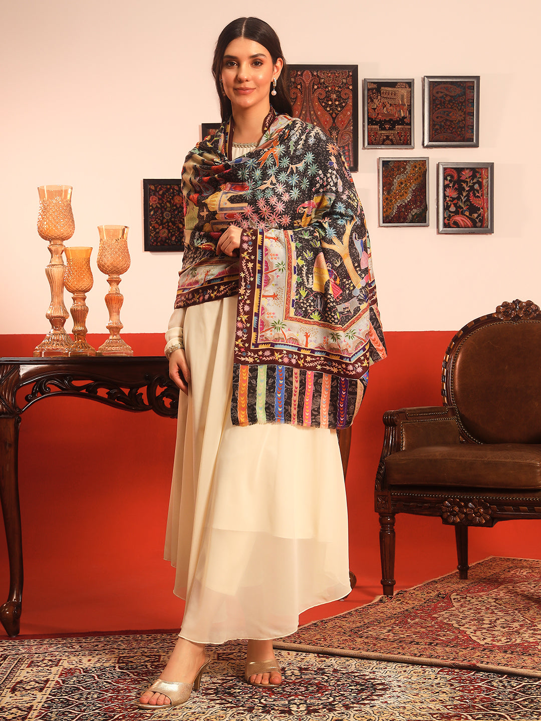 Pashmoda Women Naqshkaar Fabric  Kalamkari Embroidered Shawl (Size: 101x203 CM)