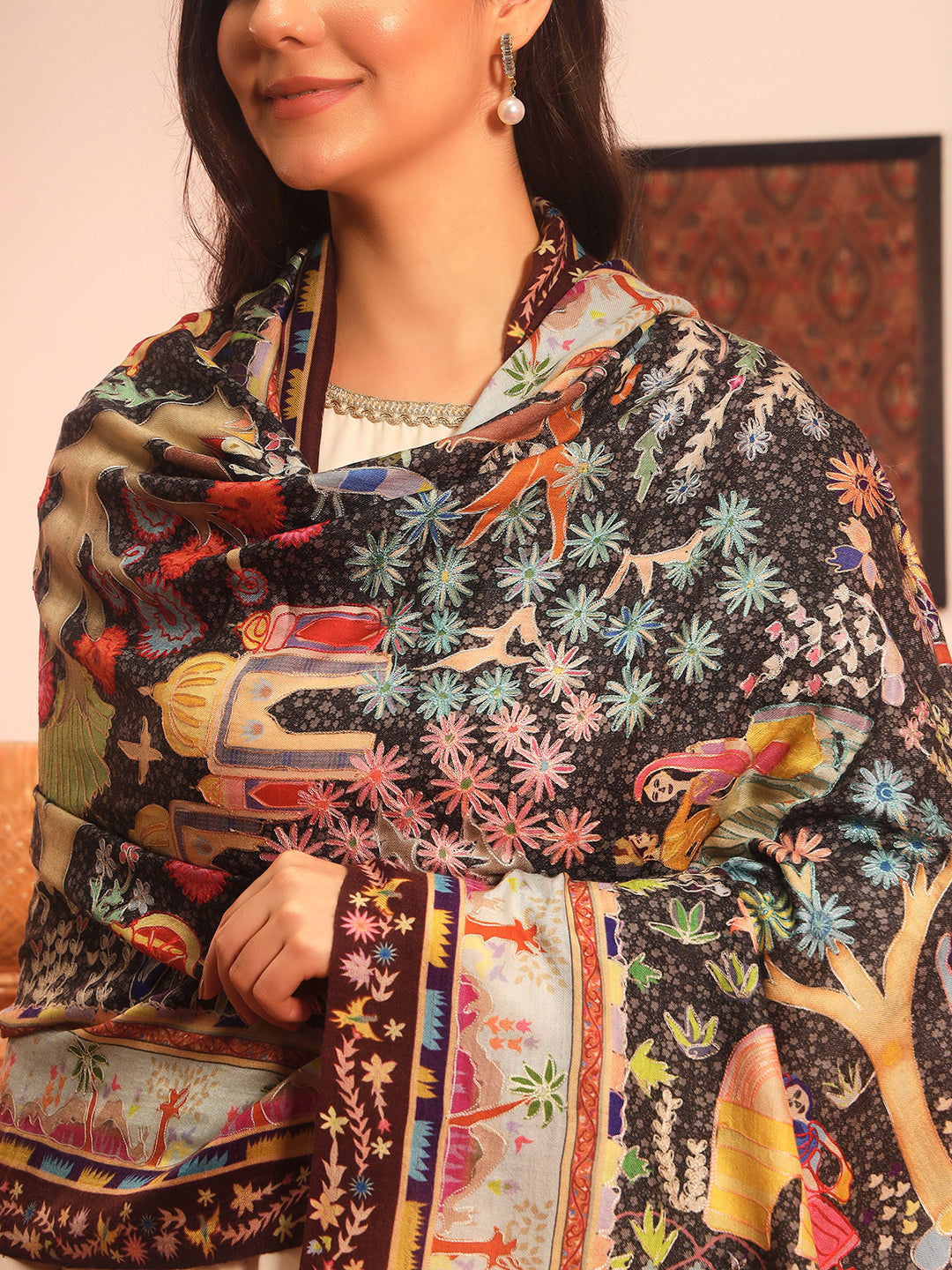 Pashmoda Women Naqshkaar Fabric  Kalamkari Embroidered Shawl (Size: 101x203 CM)