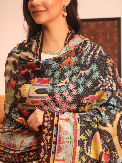 Pashmoda Women Naqshkaar Fabric  Kalamkari Embroidered Shawl (Size: 101x203 CM)