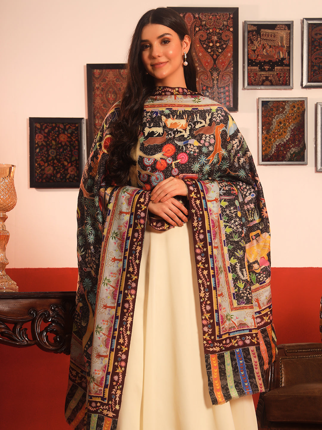 Pashmoda Women Naqshkaar Fabric  Kalamkari Embroidered Shawl (Size: 101x203 CM)