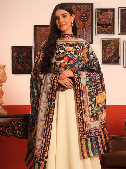Pashmoda Women Naqshkaar Fabric  Kalamkari Embroidered Shawl (Size: 101x203 CM)