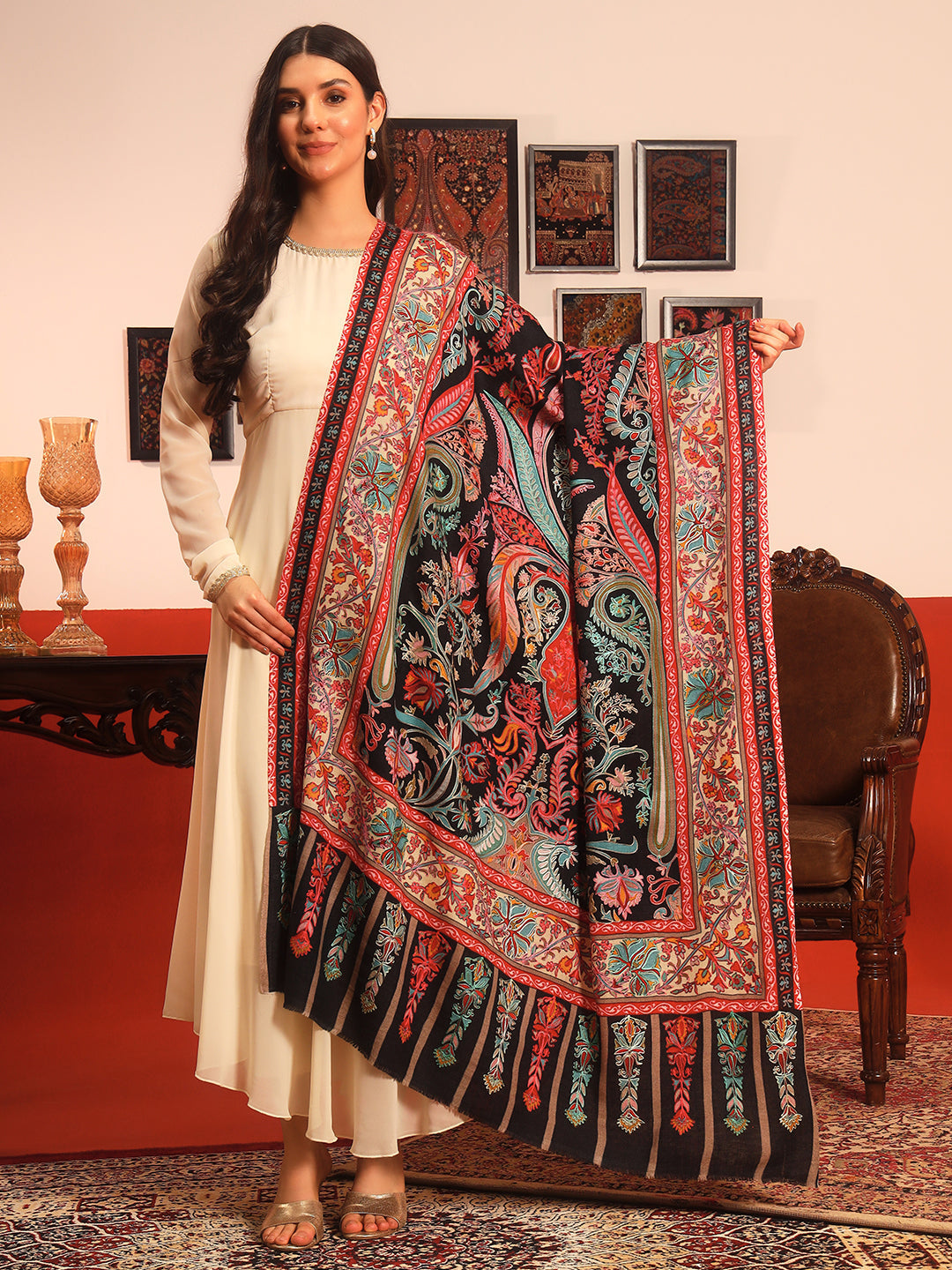Pashmoda Women Rangkalam  100% Pure Wool Fabric Kalamkari Embroidered Shawl (Size: 101x203 CM)