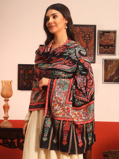 Pashmoda Women Rangkalam  100% Pure Wool Fabric Kalamkari Embroidered Shawl (Size: 101x203 CM)