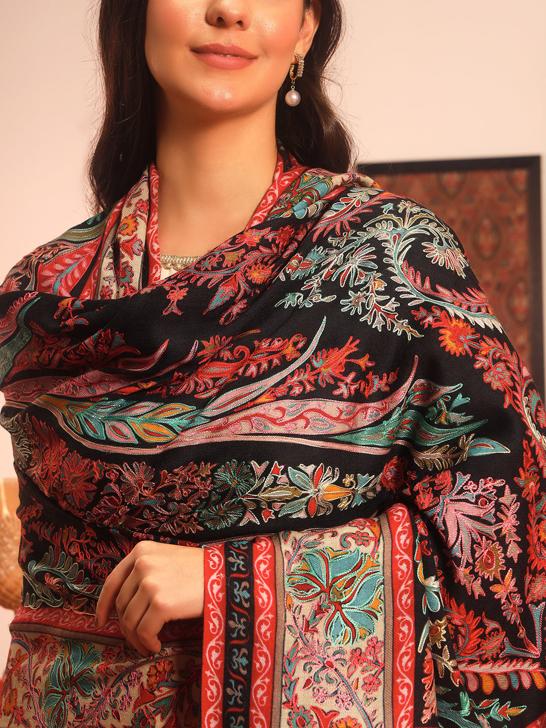 Pashmoda Women Rangkalam  100% Pure Wool Fabric Kalamkari Embroidered Shawl (Size: 101x203 CM)