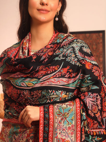 Pashmoda Women Rangkalam  100% Pure Wool Fabric Kalamkari Embroidered Shawl (Size: 101x203 CM)