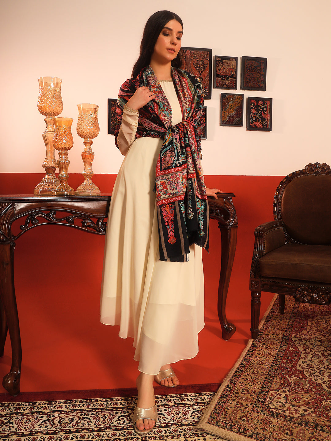 Pashmoda Women Rangkalam  100% Pure Wool Fabric Kalamkari Embroidered Shawl (Size: 101x203 CM)