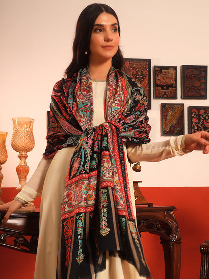 Pashmoda Women Rangkalam  100% Pure Wool Fabric Kalamkari Embroidered Shawl (Size: 101x203 CM)