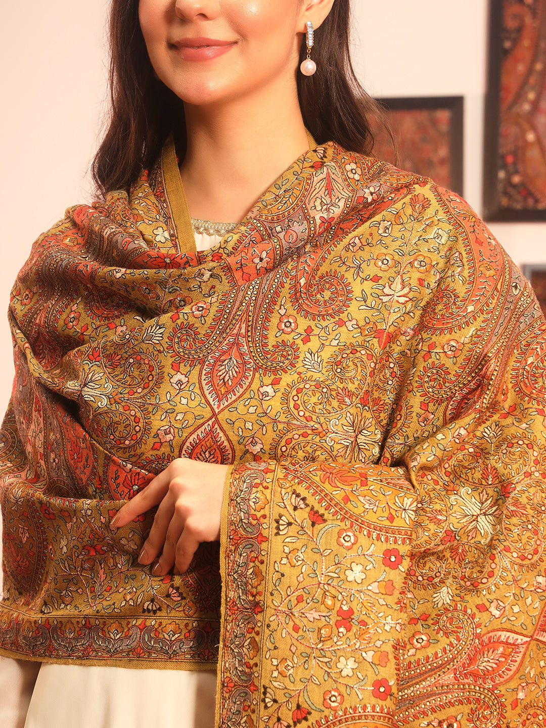 Pashmoda Women Mahnoor 100% Pure Wool Sozni Hand Embroidered Shawl (Size: 101x203 Cm)