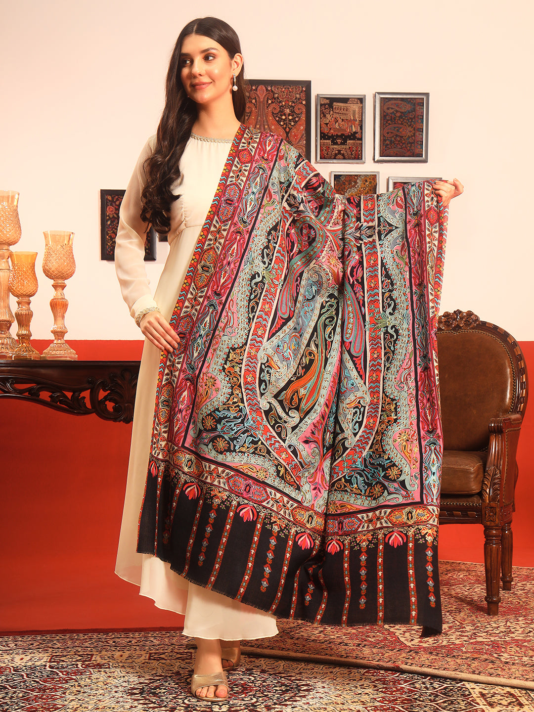 Pashmoda Women Rangrez Rangkalam  100% Pure Wool Fabric Kalamkari Embroidered Shawl (Size:101x203 cm)