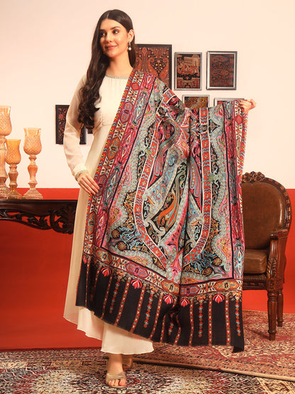Pashmoda Women Rangrez Rangkalam  100% Pure Wool Fabric Kalamkari Embroidered Shawl (Size:101x203 cm)