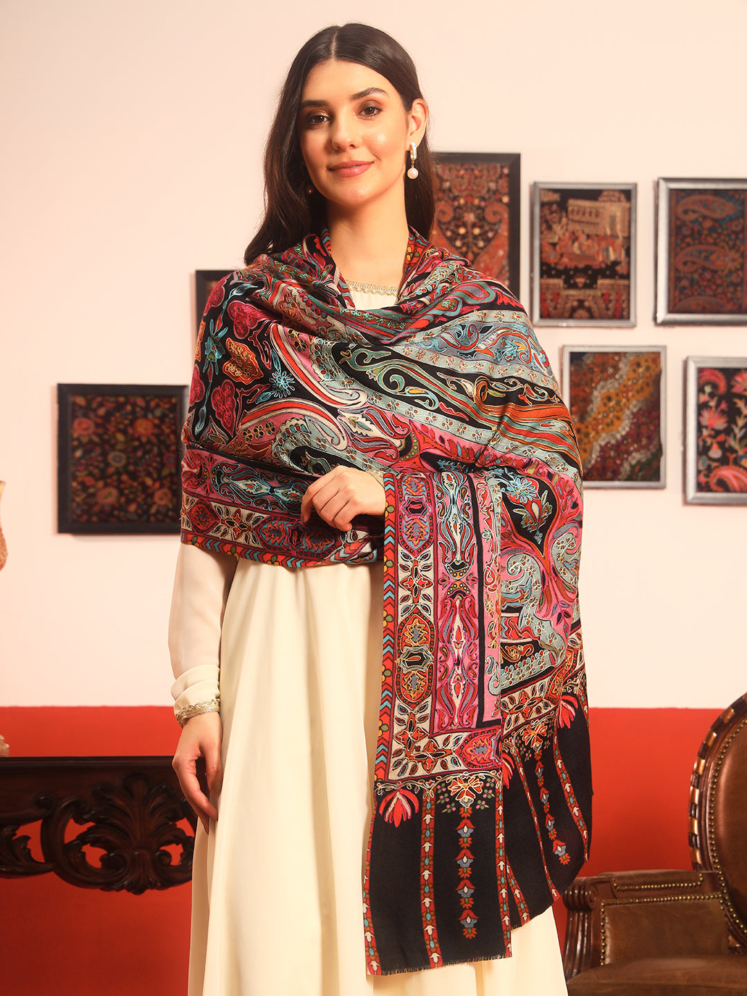 Pashmoda Women Rangrez Rangkalam  100% Pure Wool Fabric Kalamkari Embroidered Shawl (Size:101x203 cm)
