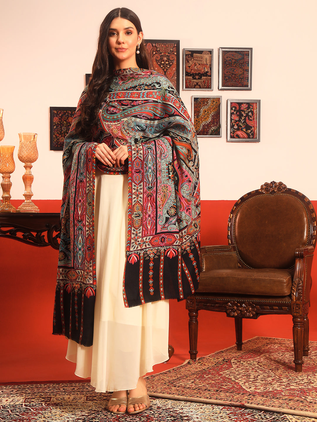 Pashmoda Women Rangrez Rangkalam  100% Pure Wool Fabric Kalamkari Embroidered Shawl (Size:101x203 cm)