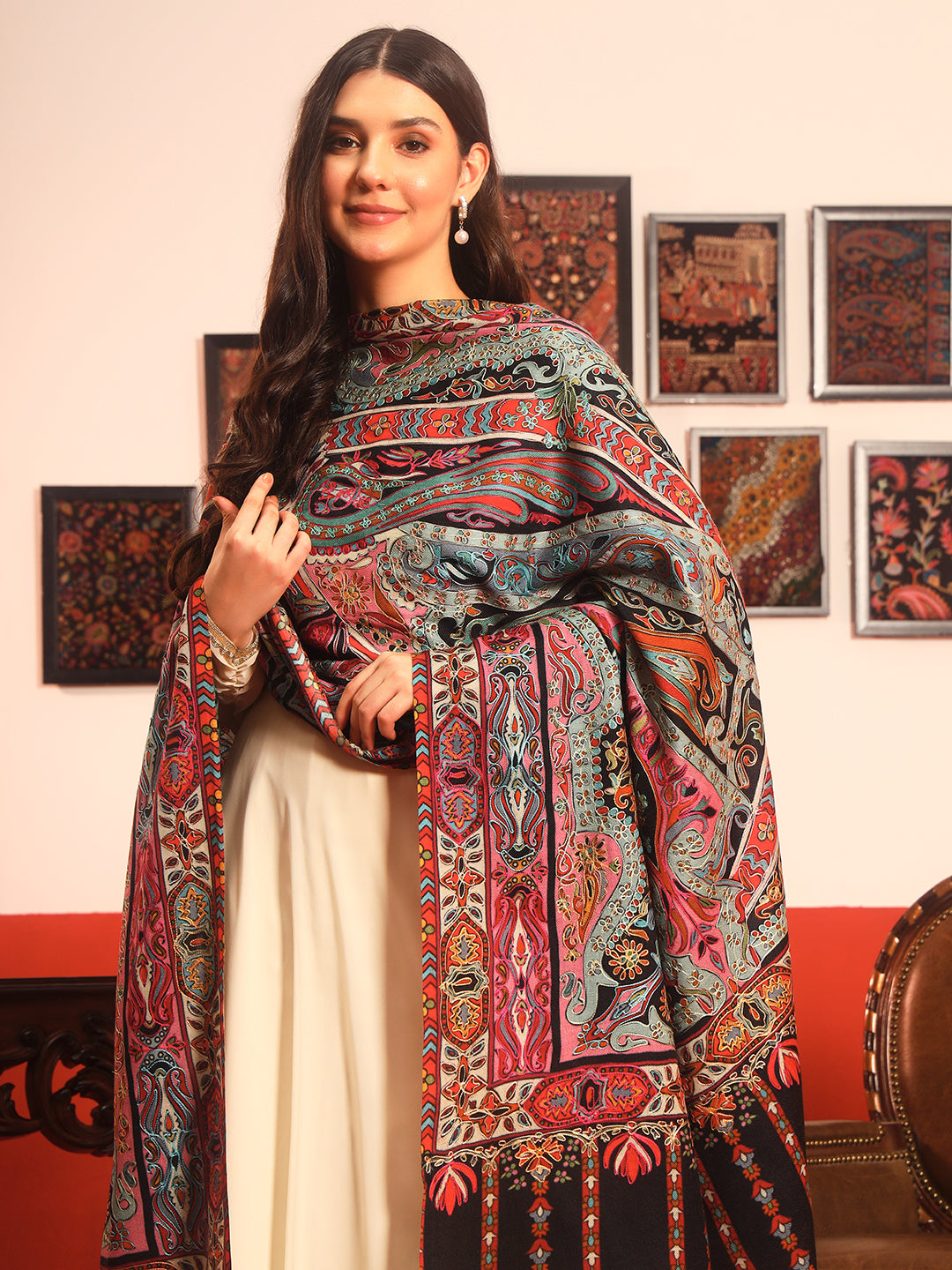 Pashmoda Women Rangrez Rangkalam  100% Pure Wool Fabric Kalamkari Embroidered Shawl (Size:101x203 cm)