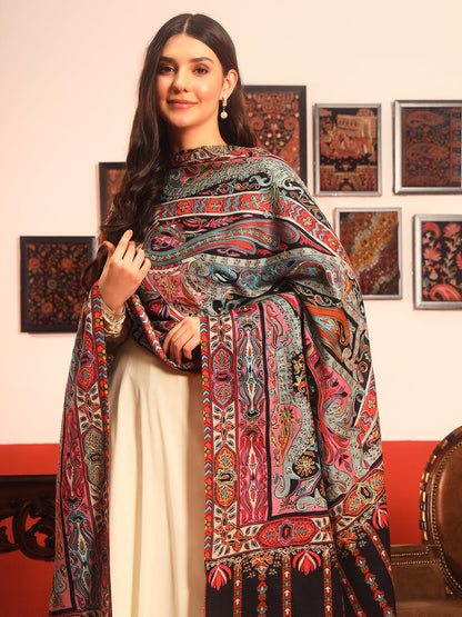 Pashmoda Women Rangrez Rangkalam  100% Pure Wool Fabric Kalamkari Embroidered Shawl (Size:101x203 cm)