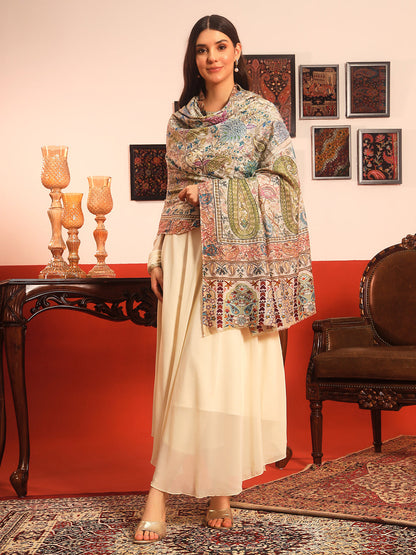 Pashmoda Women Rangkaar Fabric Kalamkari Embroidered Shawl (Size: 101x203 CM)